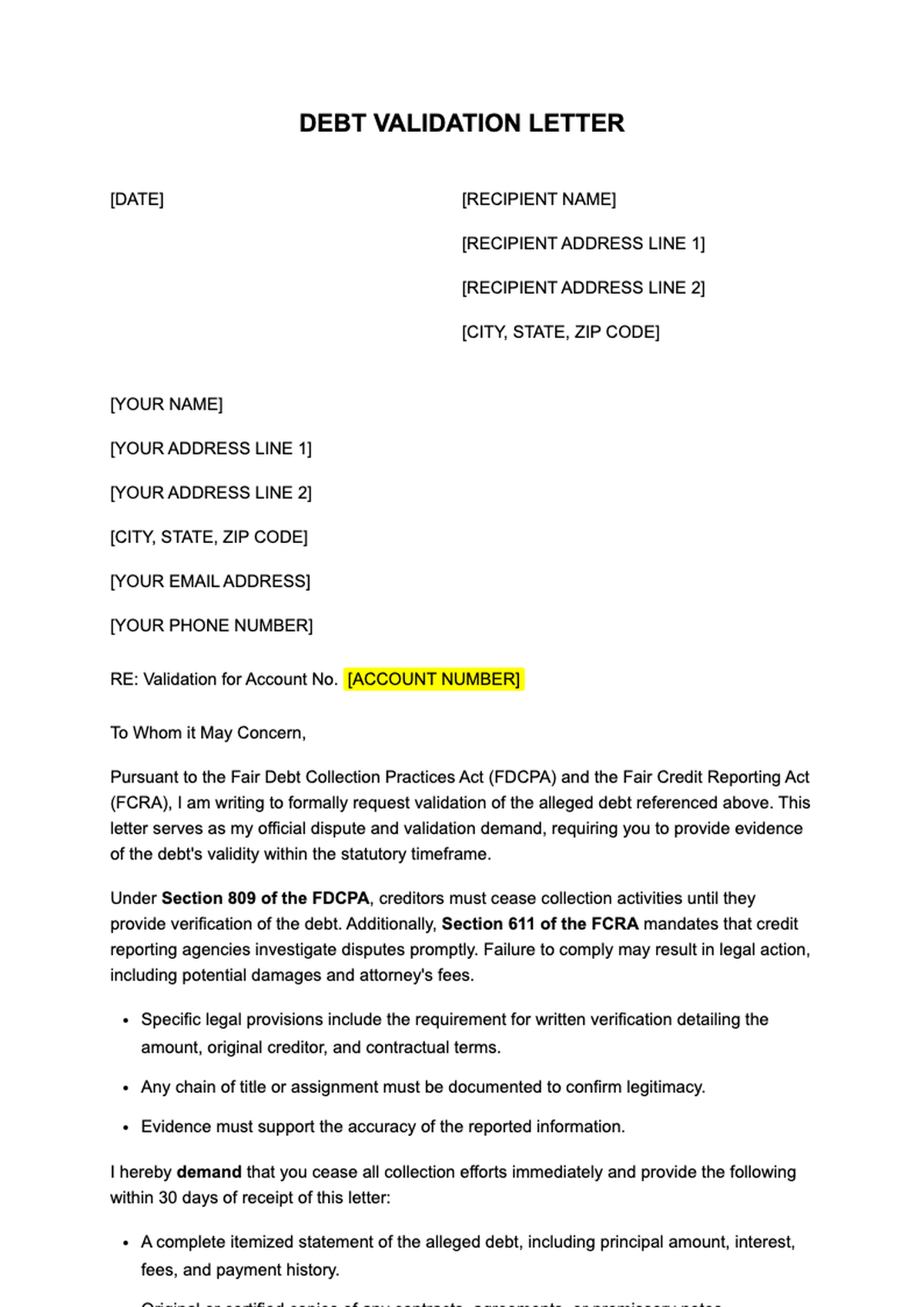 Debt validation letter template with FDCPA compliance fields and yellow placeholders_variant_1